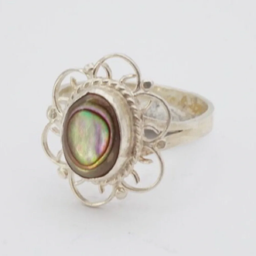 Vintage Mexico Sterling Silver 925 Abalone Stone Shell Filagree Oval Ring